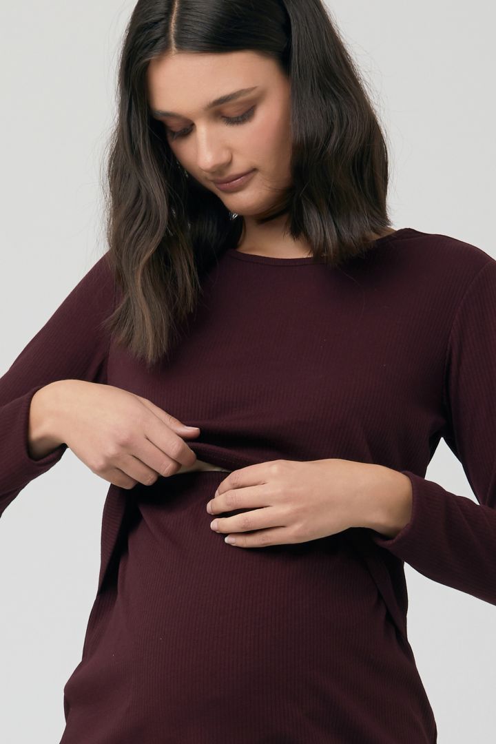 Maternity and Nursing Shirt with Rib Structure wine red