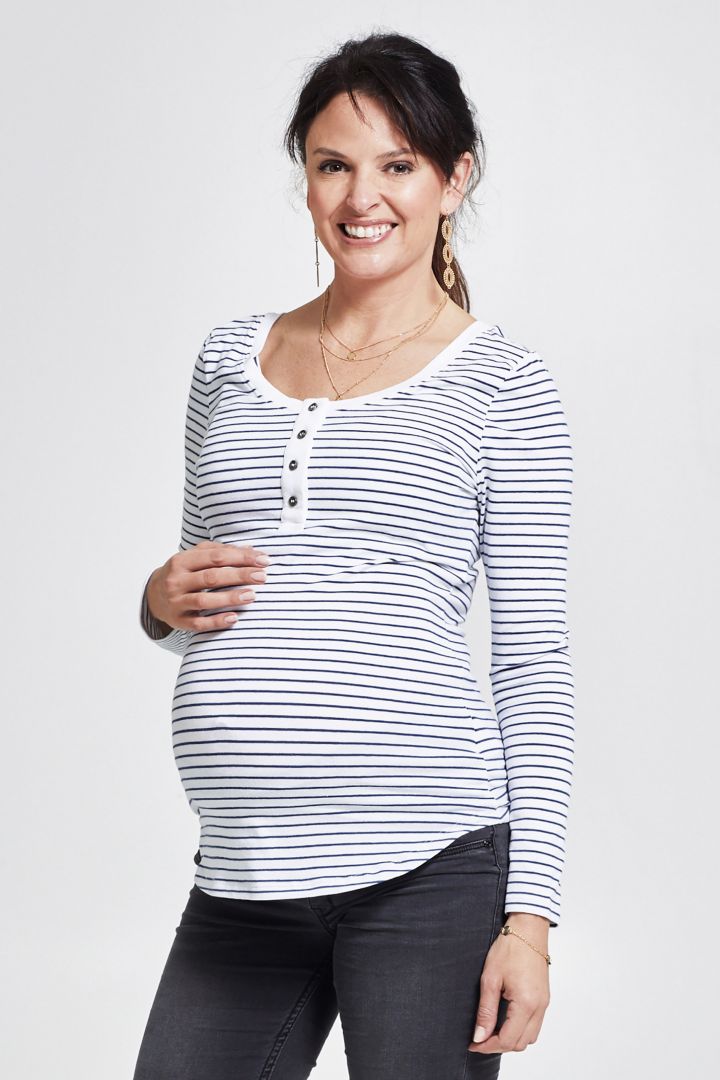 Maternity and Nursing Shirt with Button Placket Stripes