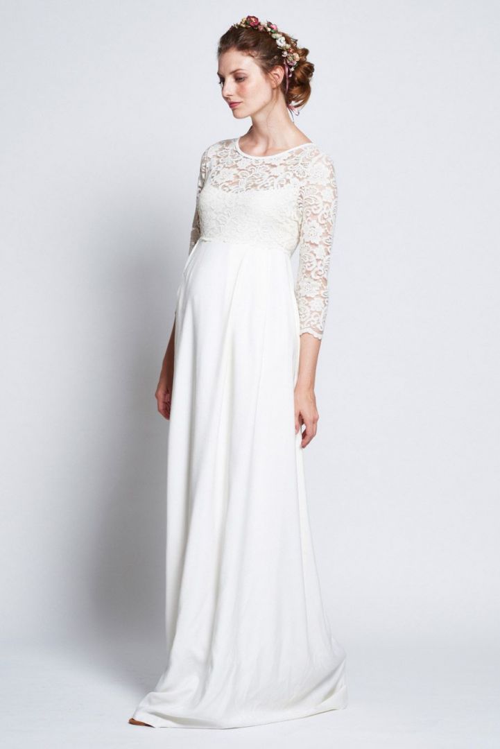 Long Crepe Maternity Wedding Dress with Lace