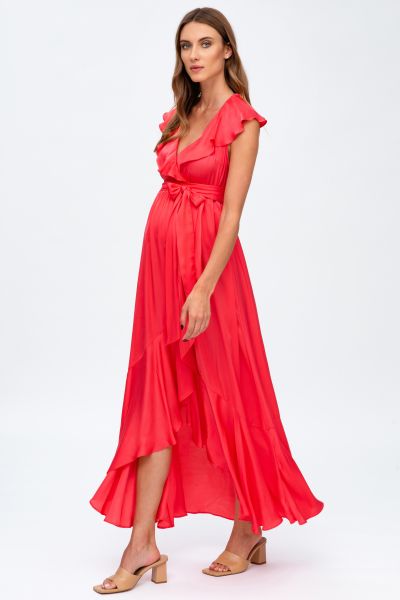 Festive Maternity and Nursing Dress with Flounces coral