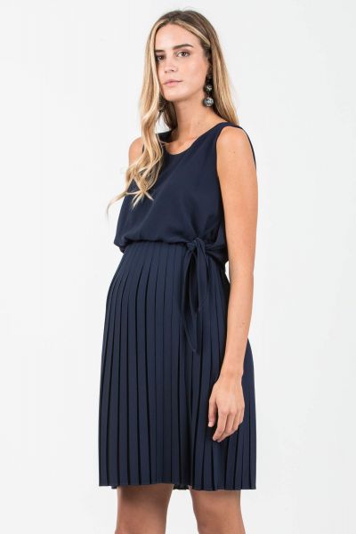 Maternity and Nursing Dress with Pleated Skirt navy