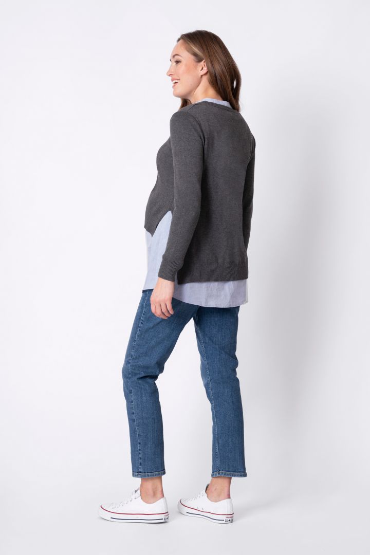 Layered Matnerity and Nursing Jumper with Stand-Up Collar Blouse grey/blue