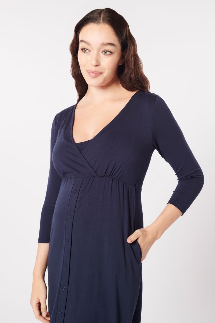 Long-sleeved Eco Viscose Maternity and Nursing Nightgown with Cache-Coeur Nec...
