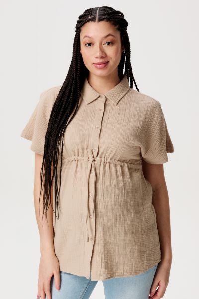 Muslin Maternity and Nursing Blouse with Tie Belt beige
