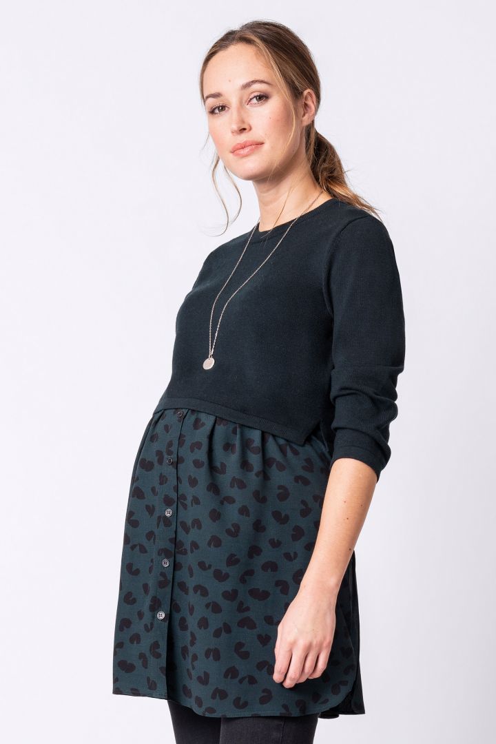 Layered Maternity and Nursing Jumper with woven Blouse Leopard