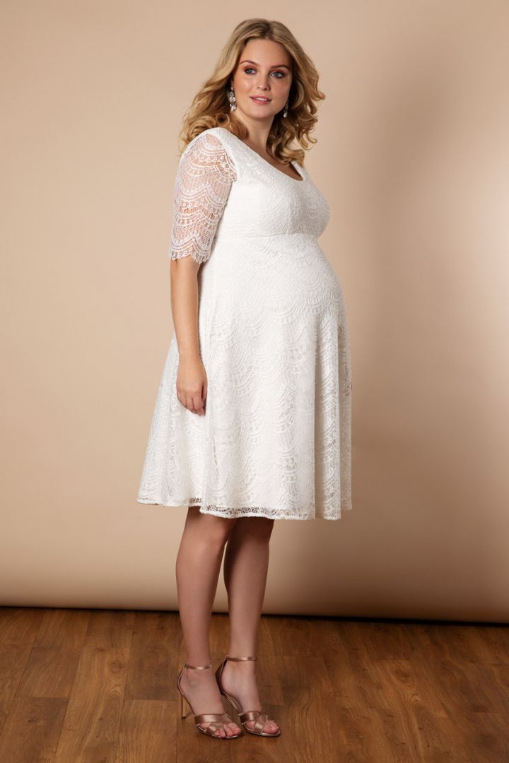 Plus Size Maternity Wedding Dress with Lace Arms, Ivory