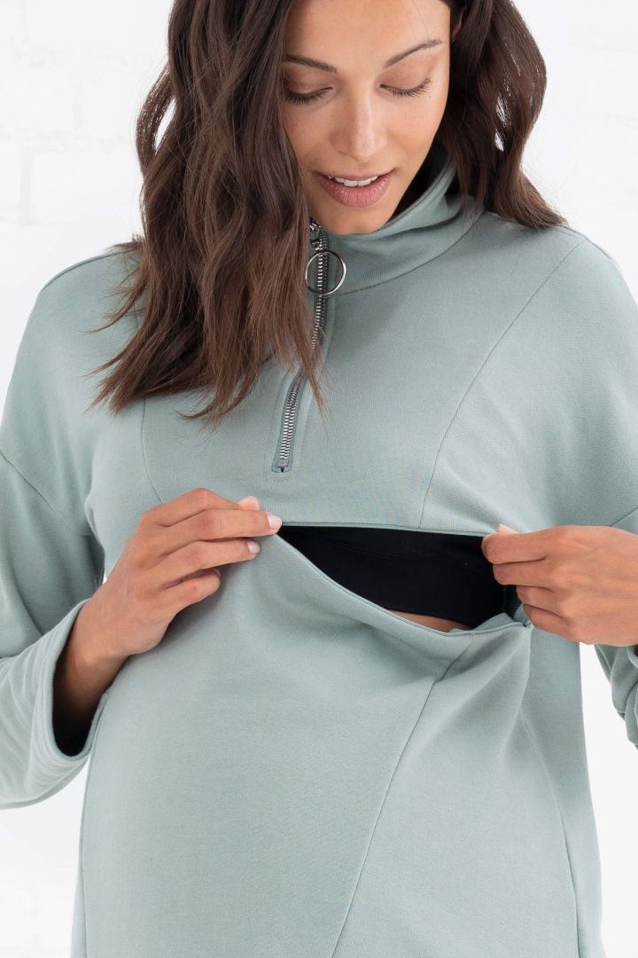Maternity and Nursing Sweater with Zip Detail sage