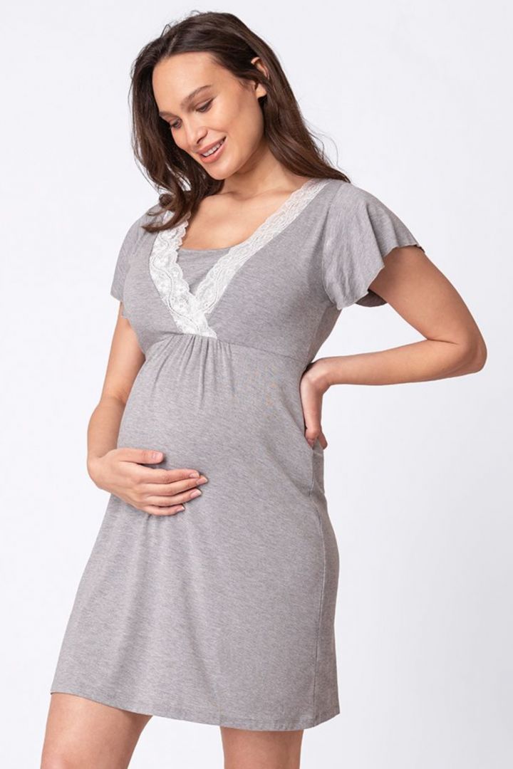 Short-Sleeved Maternity and Nursing Nightdress with Lace