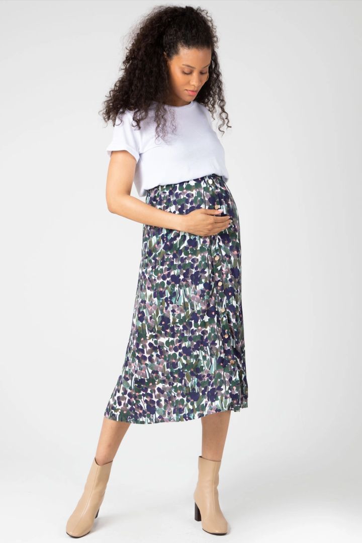 Midi Maternity Skirt with Buttons and Floral Print