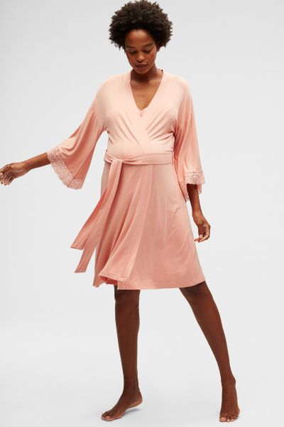 Kimono Maternity Dressing Gown with Lace coral pink
