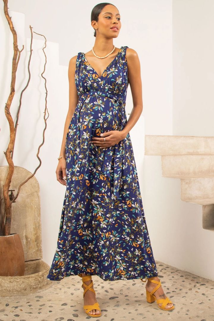 Maxi Maternity and Nursing Strap Dress with Floral Print blue