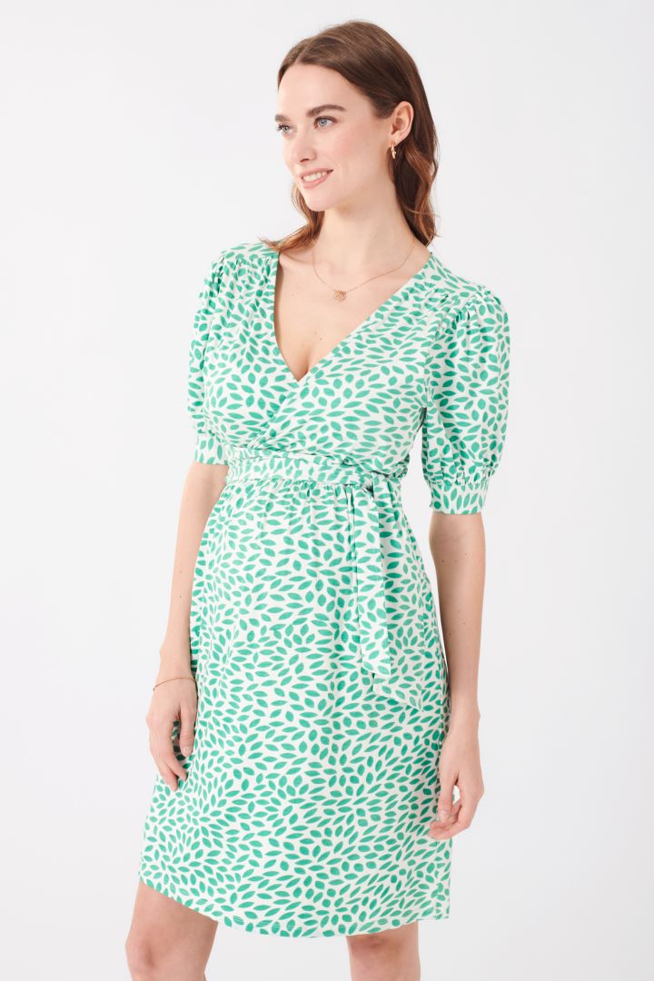 Ecovero Maternity and Nursing Dress in Wrap Optic green leaf print