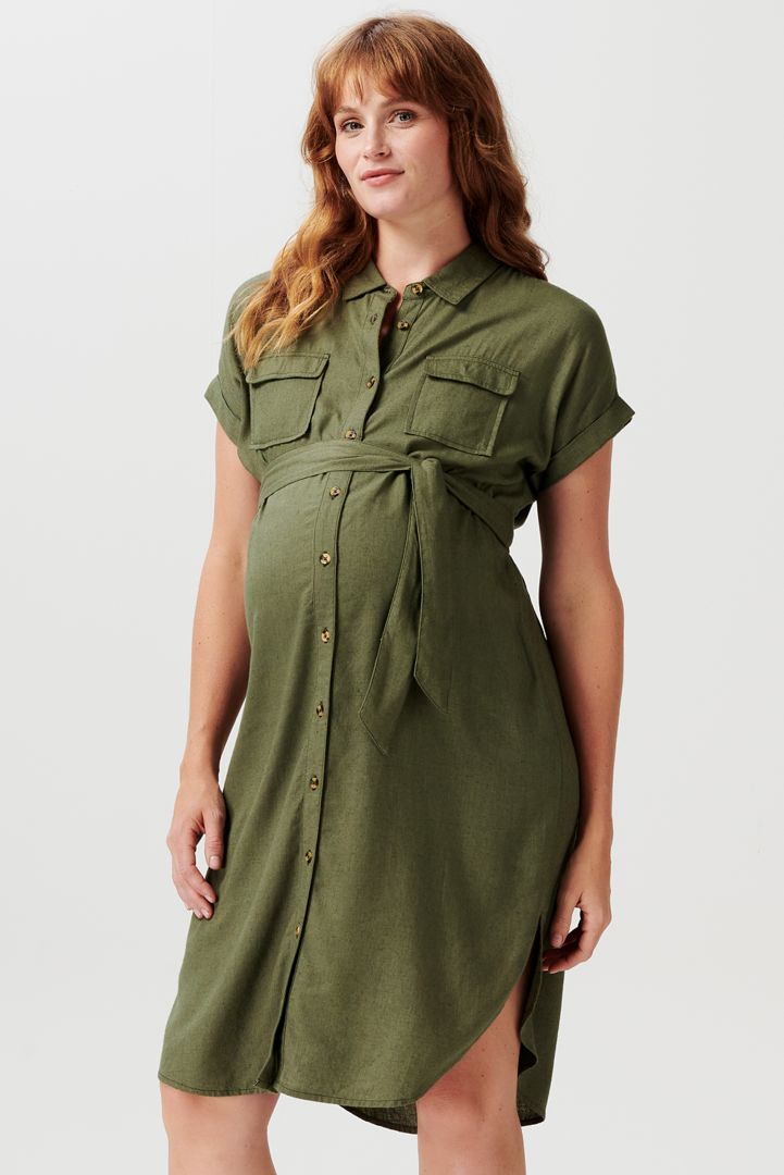 Maternity and Nursing Shirt Dress khaki