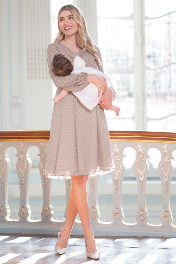 Chiffon Maternity Dress with Dots taupe