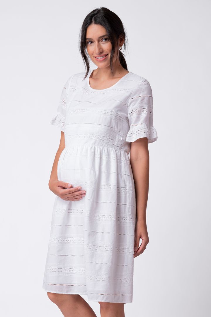 Maternity and nursing dress with flounce sleeves