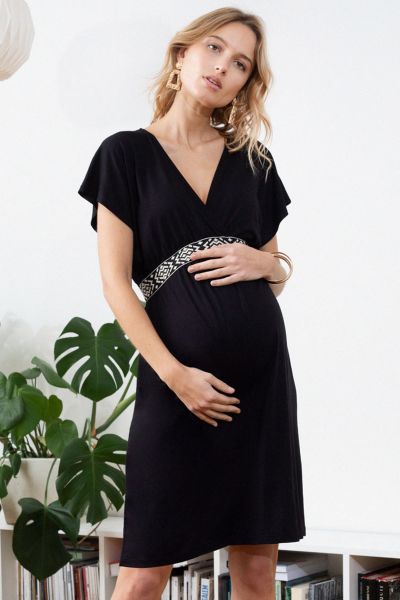 Maternity and Nursing Dress with Ethno RIbbon black