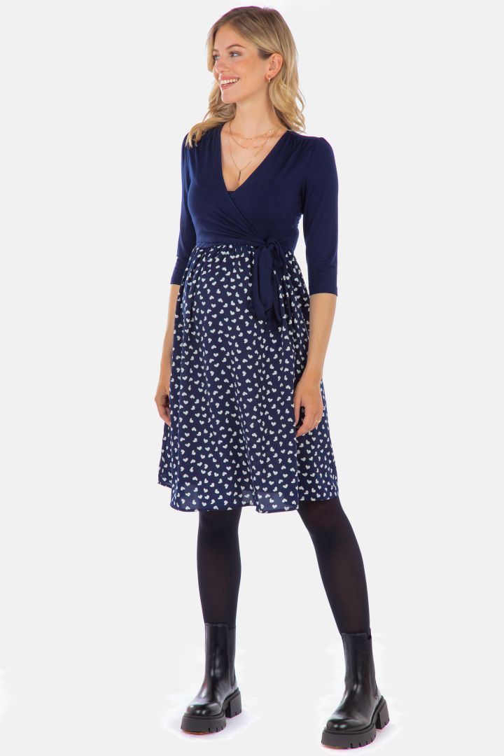 Maternity and Nursing Dress in Wrap Design with Heart Print navy