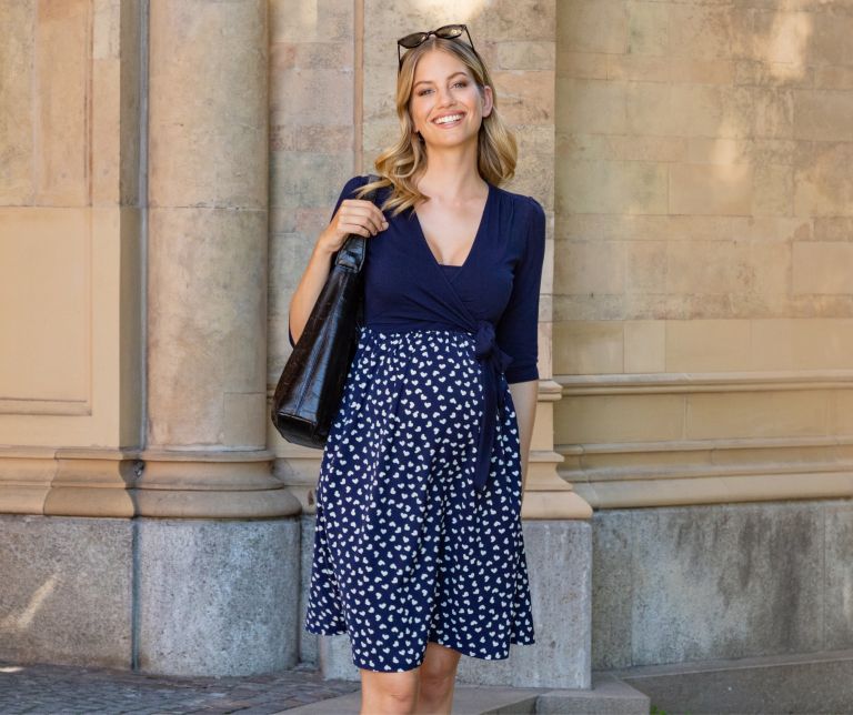 Maternity and Nursing Dress in Wrap Design with Heart Print navy 