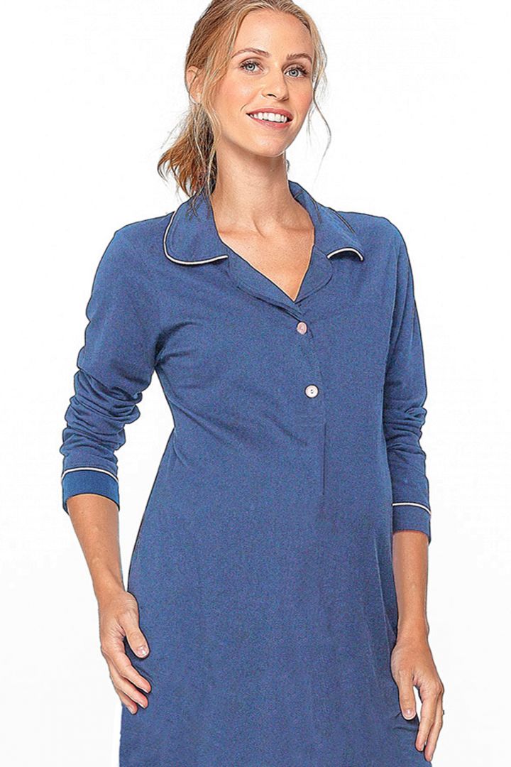Maternity and nursing buttoned nightgown, blue