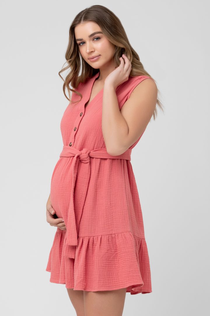 Maternity and Nursing Dress with Flounces coral