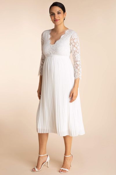 Plus Size Maternity Wedding Dress with Lace Top and Pleats 3/4 Sleeves