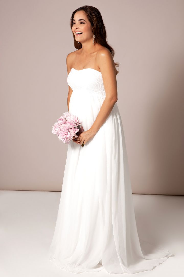 Maternity Wedding Dress with Strapless Lace Bodice White
