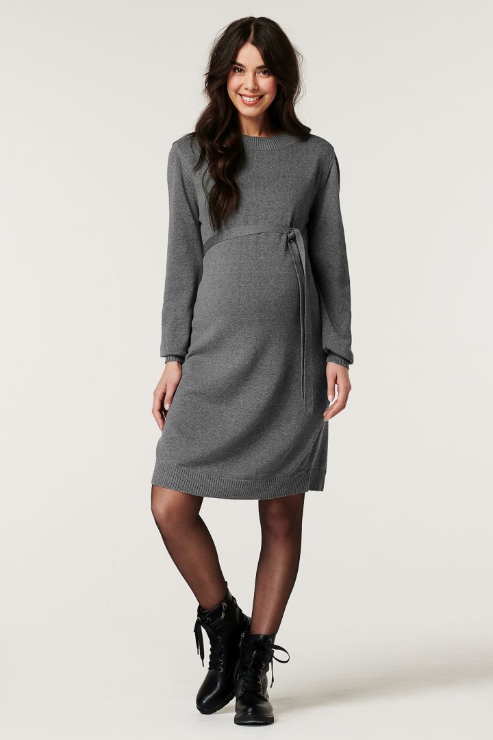 Organic Knit Maternity Dress with Tie Belt grey