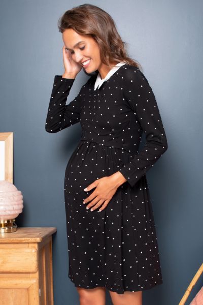 Maternity and Nursing Dress with Peter Pan Collar and Dots