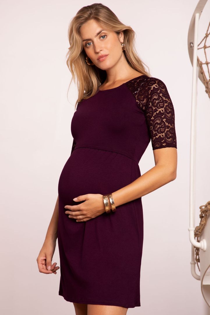 Maternity and Nursing Dress with 3/4 Lace Sleeves dark berry