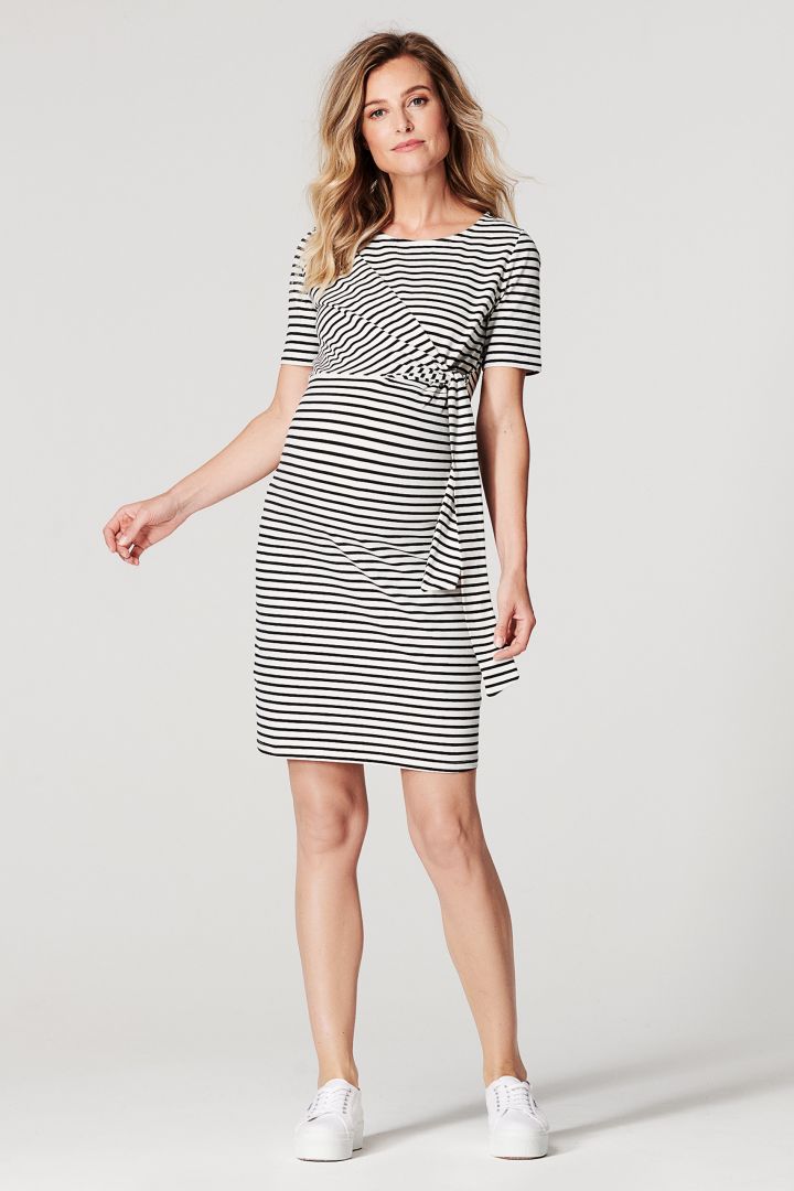 Striped Maternity Dress with Belt Detail