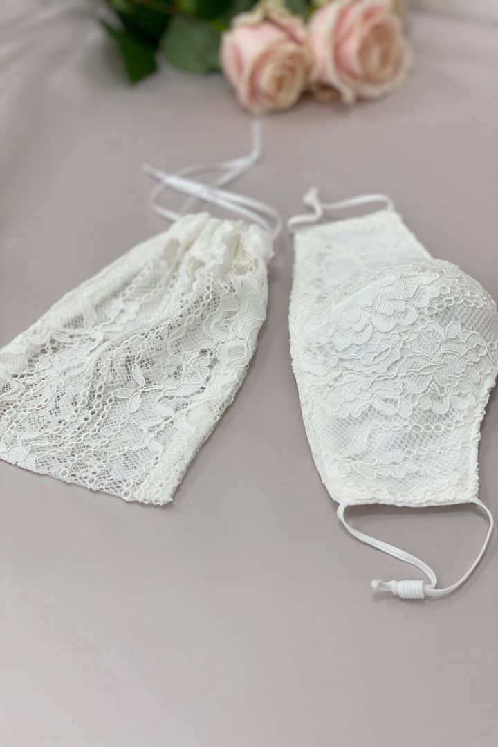 Wedding Face Mask with Floral Lace and Pouch