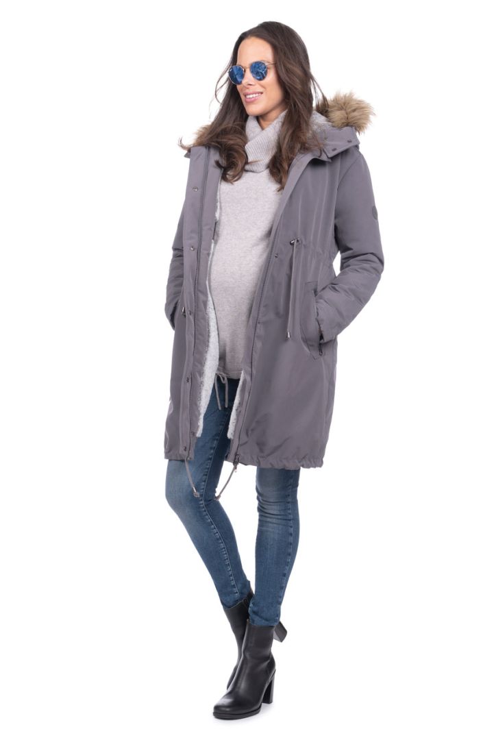 3-in-1 Premium Maternity Parka with baby carrier grey