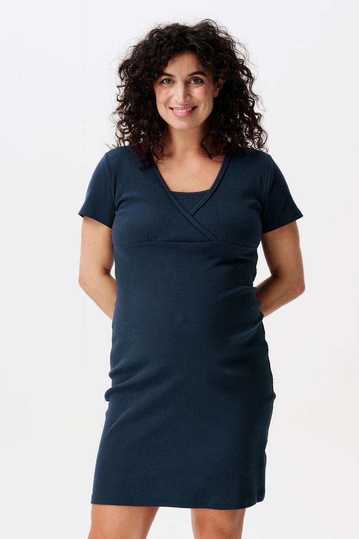 Organic Ribb Maternity and Nursing Nightgown Short Sleeve navy