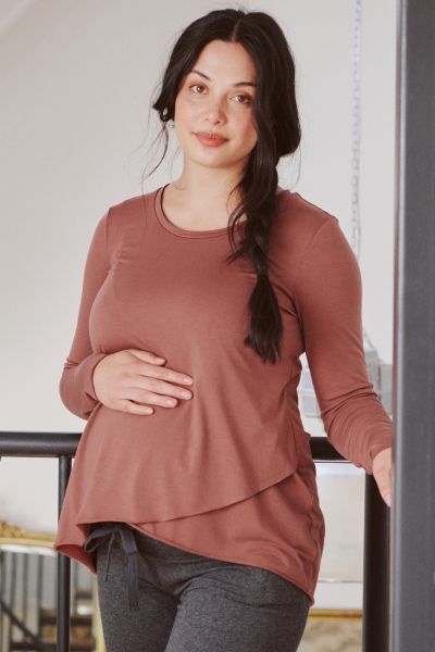 Raw Edge long Sleeve Maternity and Nursing Shirt terracotta