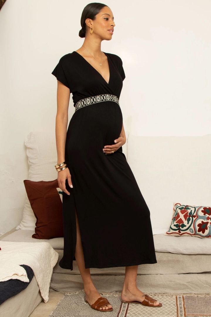 Maxi Maternity and Nursing Dress with Ethno Ribbon black