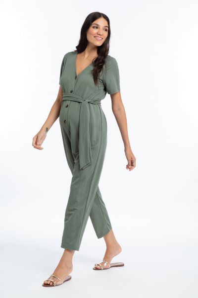Maternity and Nursing Jumpsuit with Button Strip sage