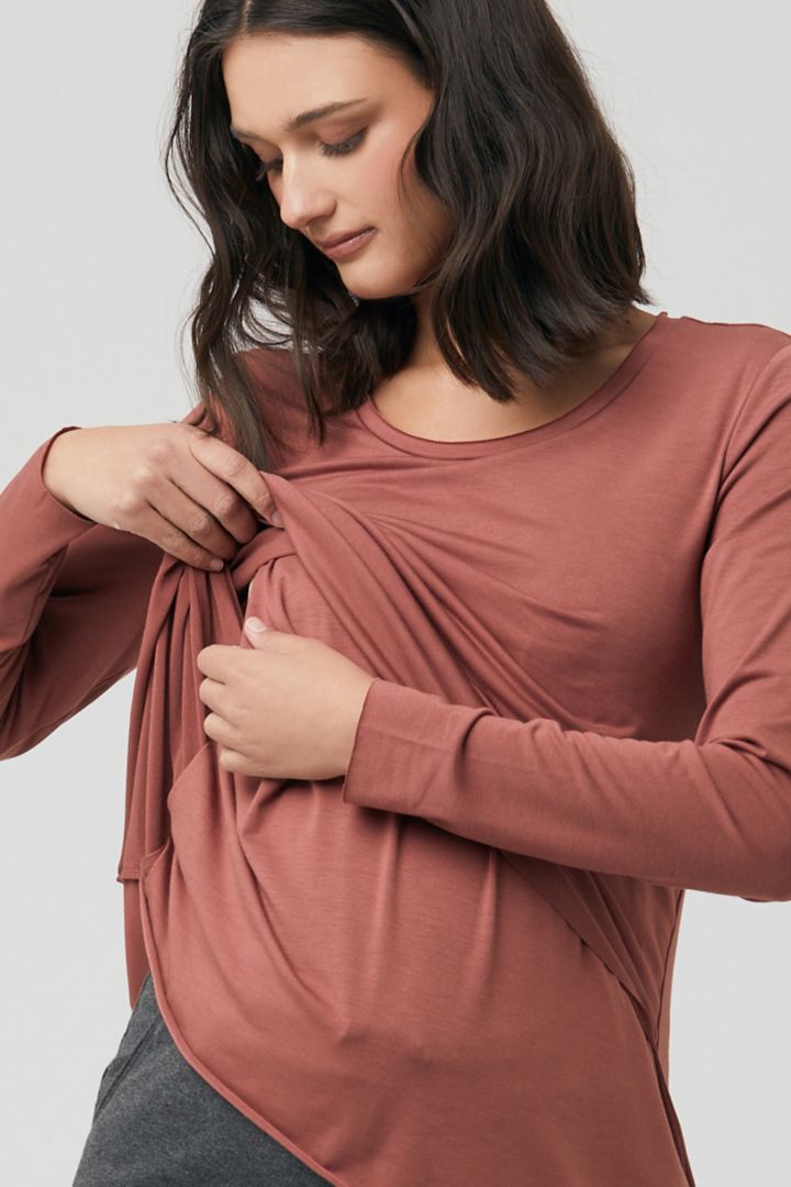 Raw Edge long Sleeve Maternity and Nursing Shirt terracotta