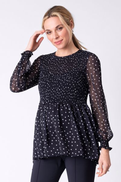 Dotted Maternity Blouse with Pleated Detail navy/white