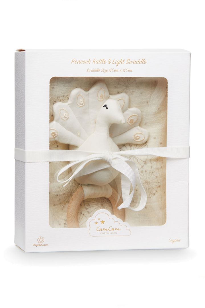Gift Box with Organic Swaddle and Rattle ivory