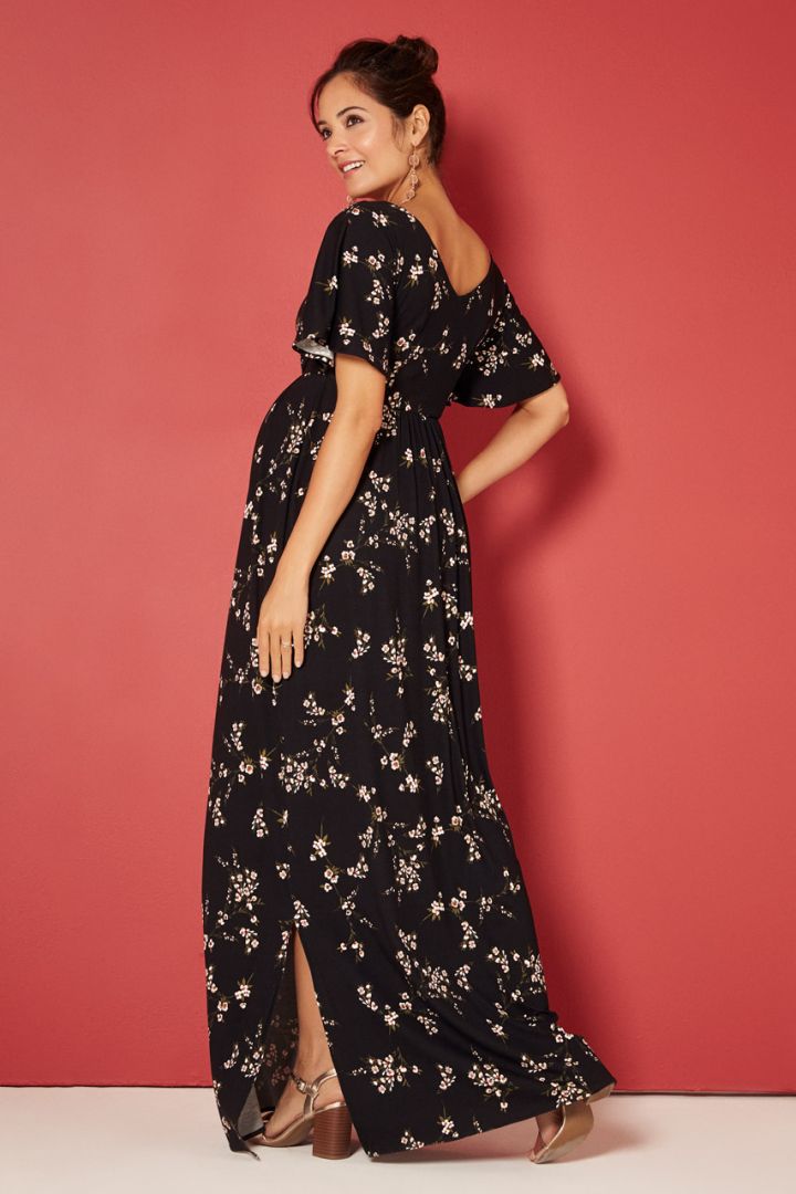 Night Blossom Print Kimono-Style Maxi Maternity Dress