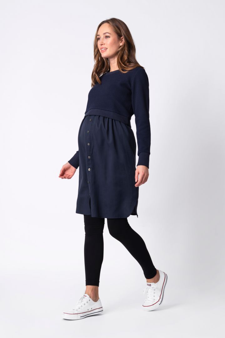 Layered Maternity and Nursing Dress with Textured Jumper navy