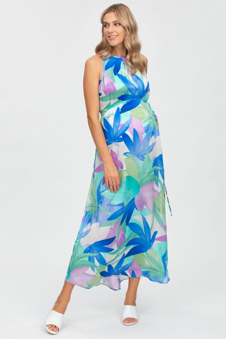 Midi Maternity Dress with Tie Belt blue