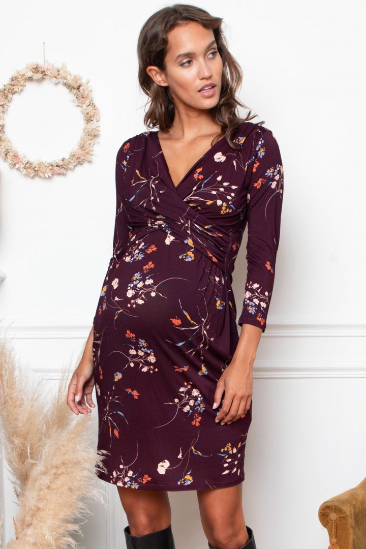 Cross-Over Maternity and Nursing Dress with 3/4 Sleeves Flowers