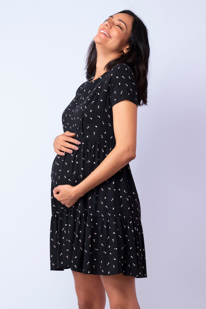 Tiered Maternity Dress with Cap Sleeves black
