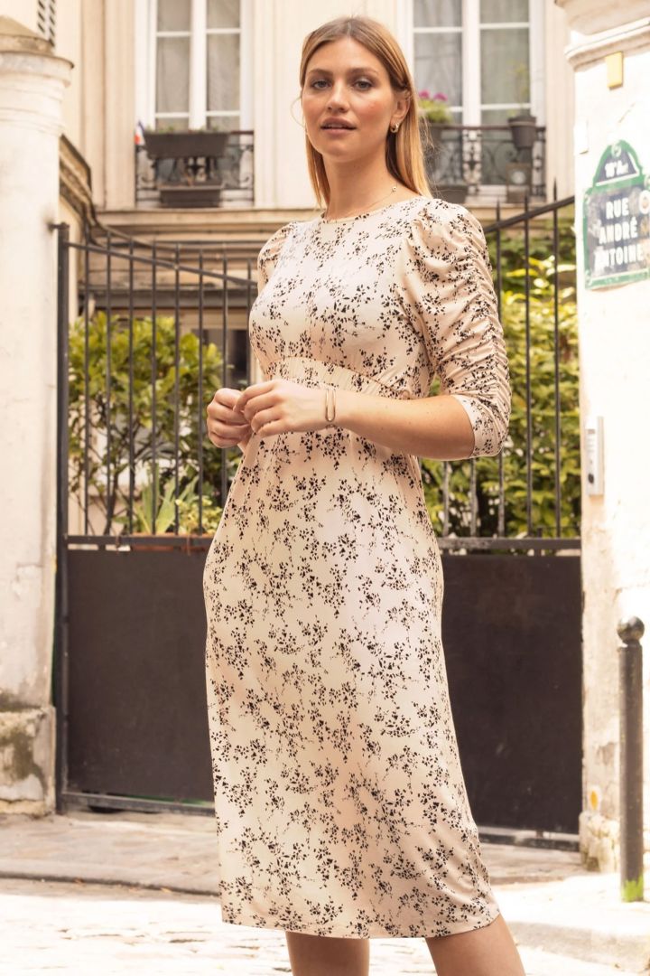 Maternity Dress with Puff Sleeves and Print ecru