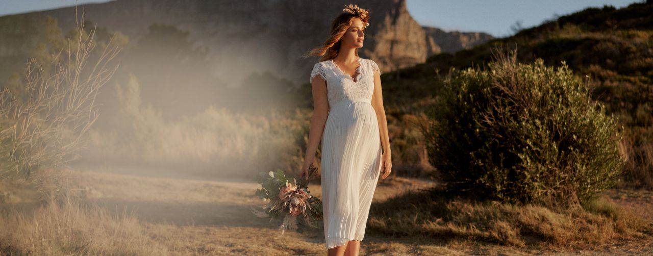 Maternity Wedding Dress with Lace Top and Pleats