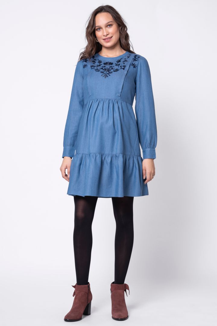 Tencel Maternity and Nursing Dress with Embroidery