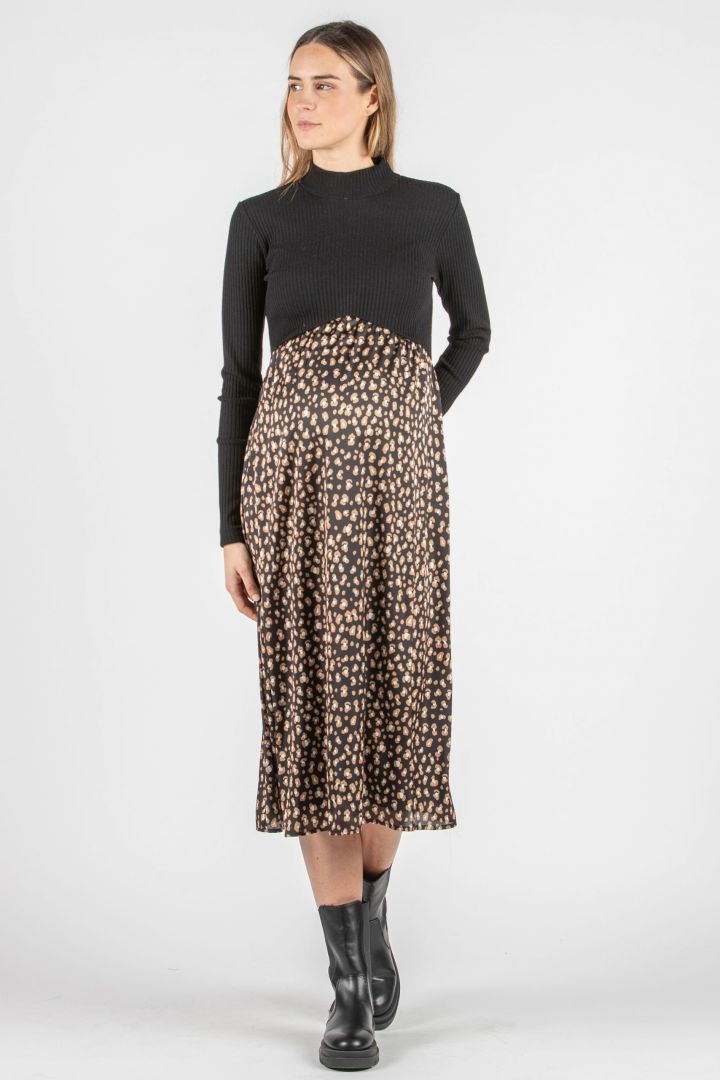 Maternity Dress with Rib Knit Top and Leo Print