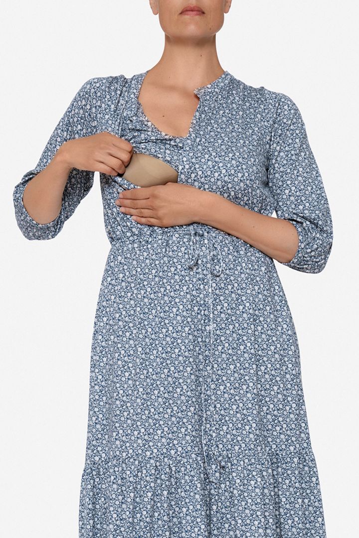 Organic Maternity and Nursing Dress with Flower Print blue