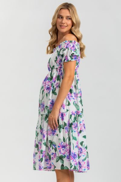 Maternity Dress with Carmen Neckline and Floral Print